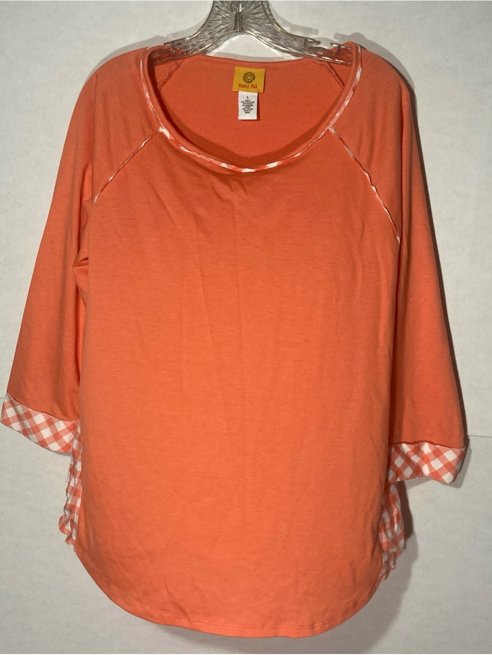 RUBY RD. orange white checkered scoop neck 3/4 Raglan sleeve jersey knit top L